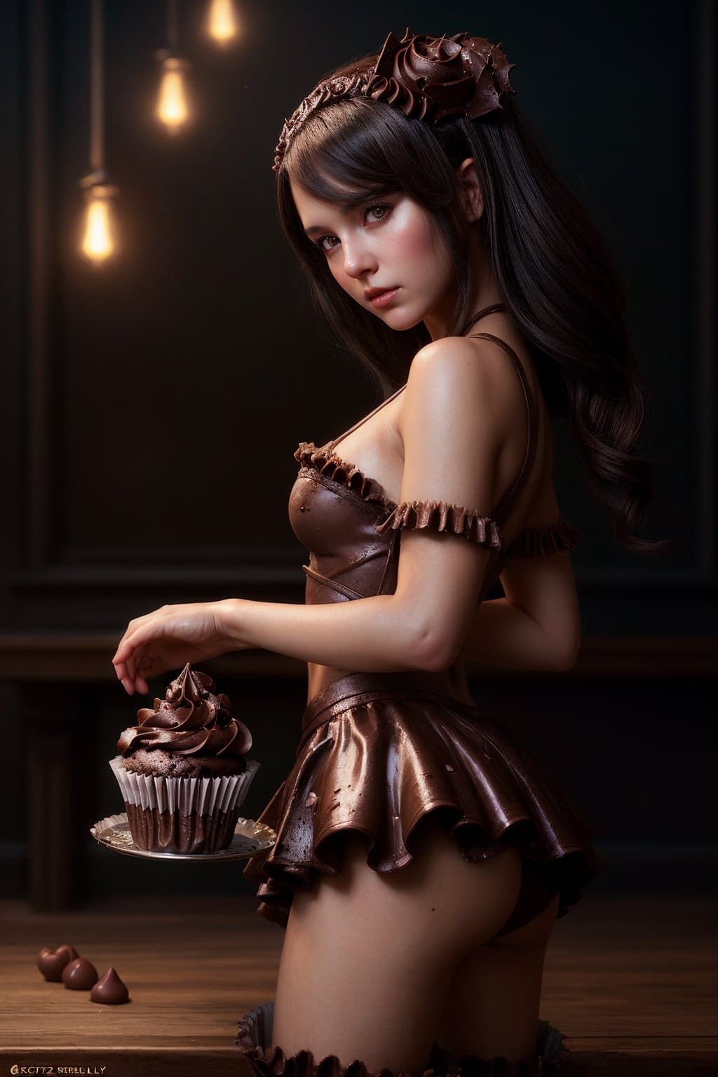 AI generated: a (girl as personification of chocolate cupcake:1.2), beauty, fantasy bakery, digital painting by kr...