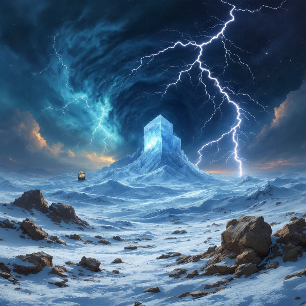 AI generated: snow  cube , on the desert floor, there is a monstrous storm inside with a galleon as the ocean is s...