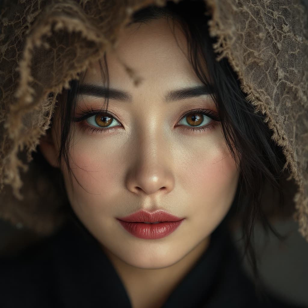 AI generated: Surrealism Simplicity of a beautiful mature fifty-year-old Chinese woman looking at me, showing her ...