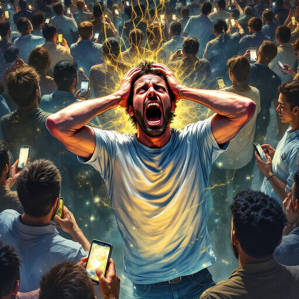 AI generated: A man in the middle of a crowd of people on their smartphones. The man is holding his head screaming...