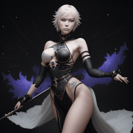 AI generated: Lady Mika, a vision of lethal grace, stands amidst the chaos, her right hand unleashing a flurry of ...