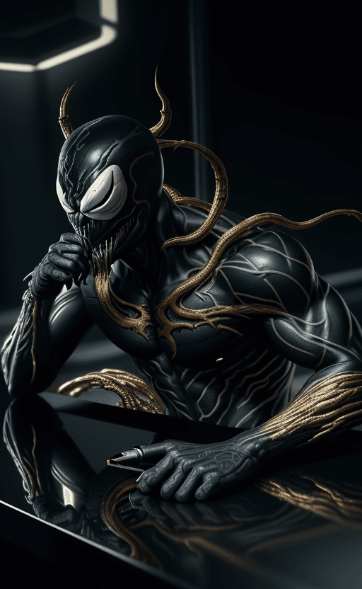 AI generated: earphone on the table with the design and character of Venom The earphone is gold and Black dark, no...