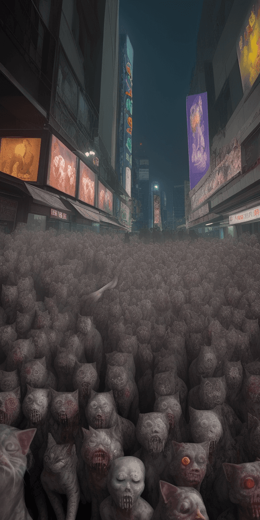 AI generated: masterpiece, best quality, 100zombies,  cat focus, looking at viewer,  Bts in Bangkok city, scenery