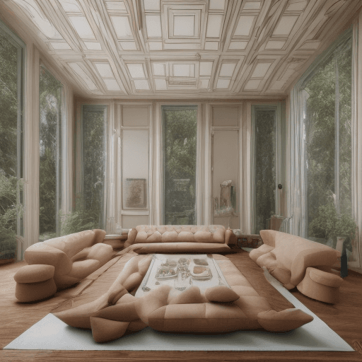 AI generated: High resolution photography interior design, dreamy sunken living room conversation pit, wooden floo...