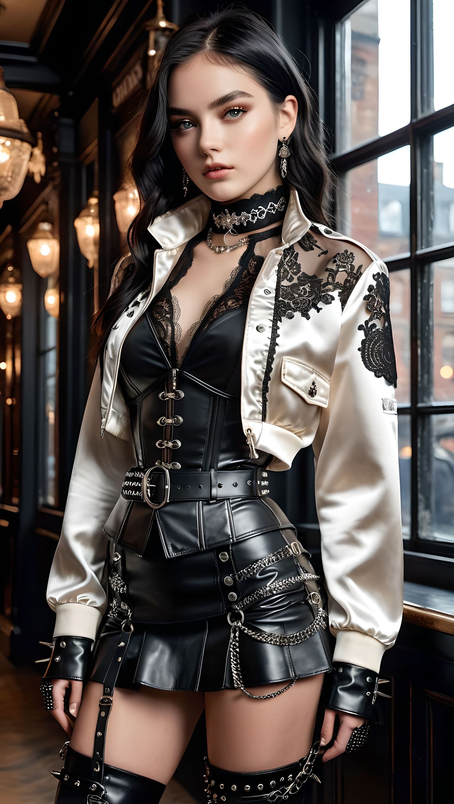 AI generated: A striking fusion of Victorian elegance and modern streetwear, featuring a delicate lace-trimmed hig...