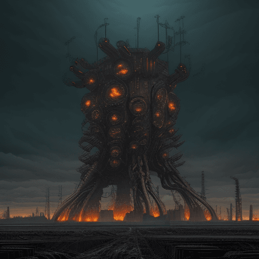 AI generated: A cold, desolate industrial landscape stretches endlessly, filled with metallic structures warped in...