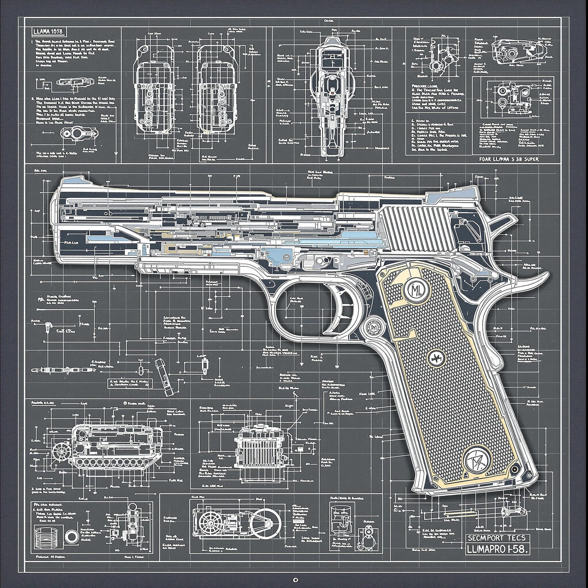 AI generated: a Llama 1911 .38 super, pistol schematic showcasing a cutaway design that reveals its internal struc...
