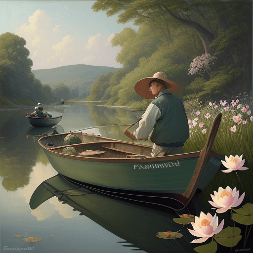AI generated: a painting of Fisherman fishing in a boat, abiscus style, 1024x1024, Canabis flowers, retro 1 9 0 0,...