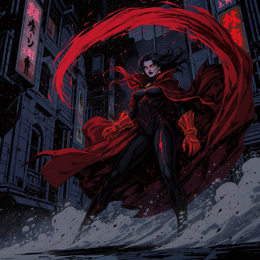 AI generated: villain female 30s, crimson duster whipping, biohazard gauntlets glowing, paralytic mist spreading a...