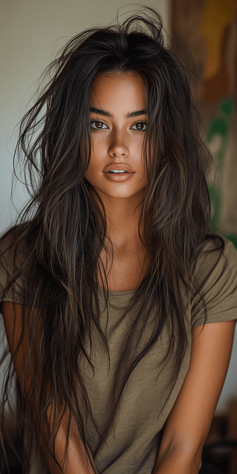 AI generated: high-resolution studio image, beautiful fashion model with long brown hair wearing a t-shirt, slight...