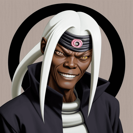 AI generated: Orochimaru from naruto but with the face of Samuel L. Jackson smiling