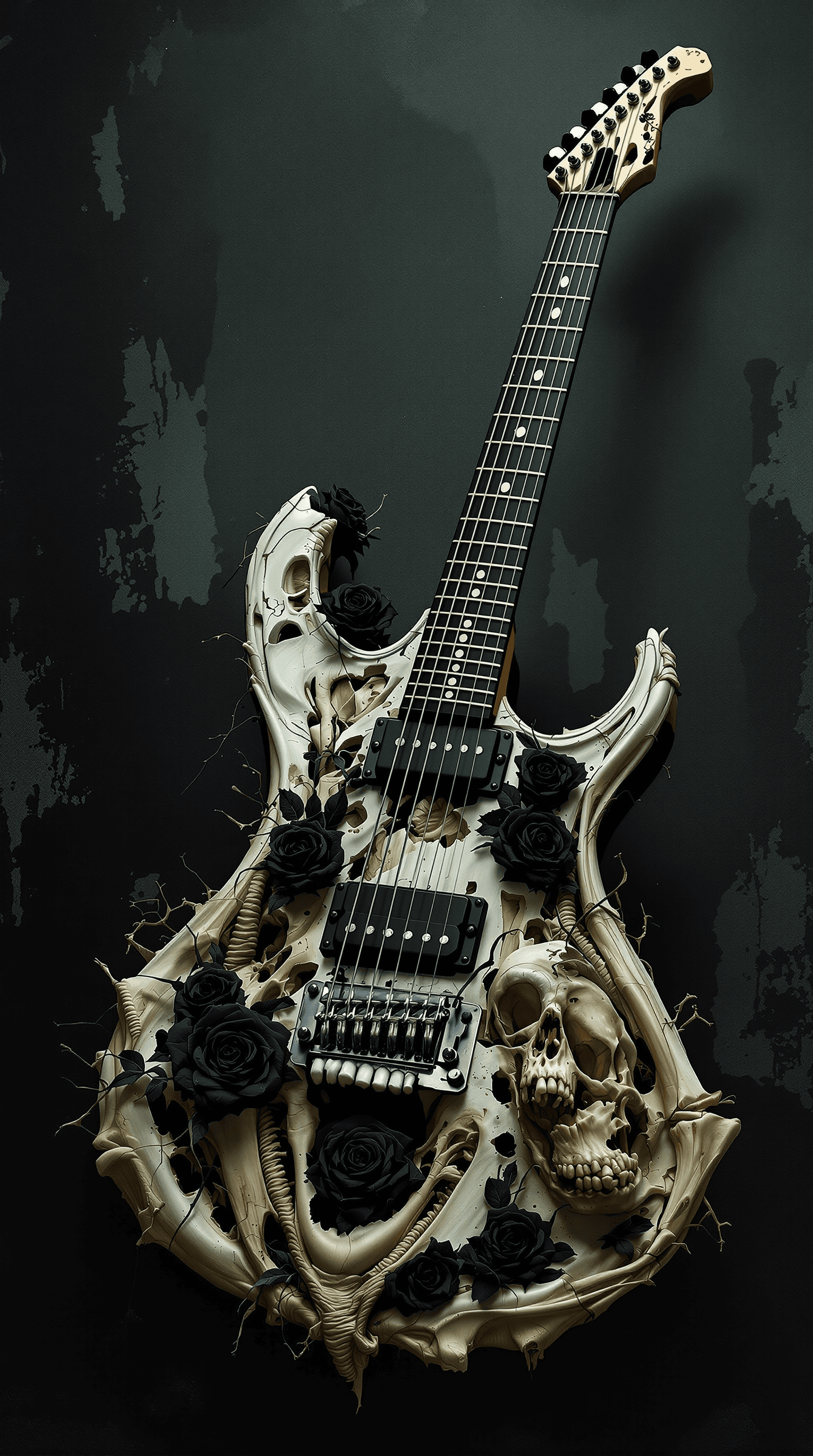AI generated: electric guitar made of bone,skull and black roses, bow dragging across decayed strings, background ...
