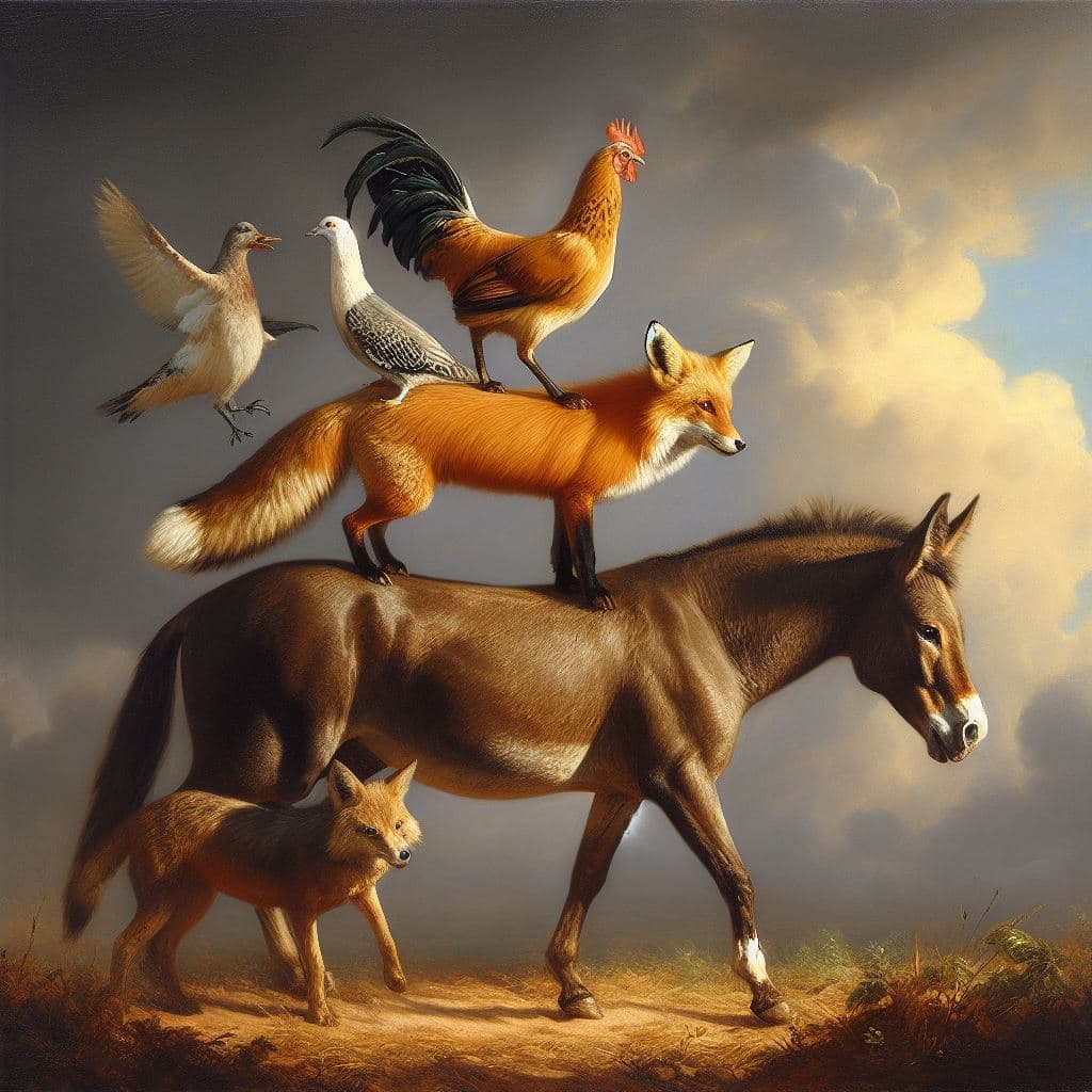 AI generated: A hen standing on a fox standing on a dog standing on a donkey standing on a horse, fine oil paintin...