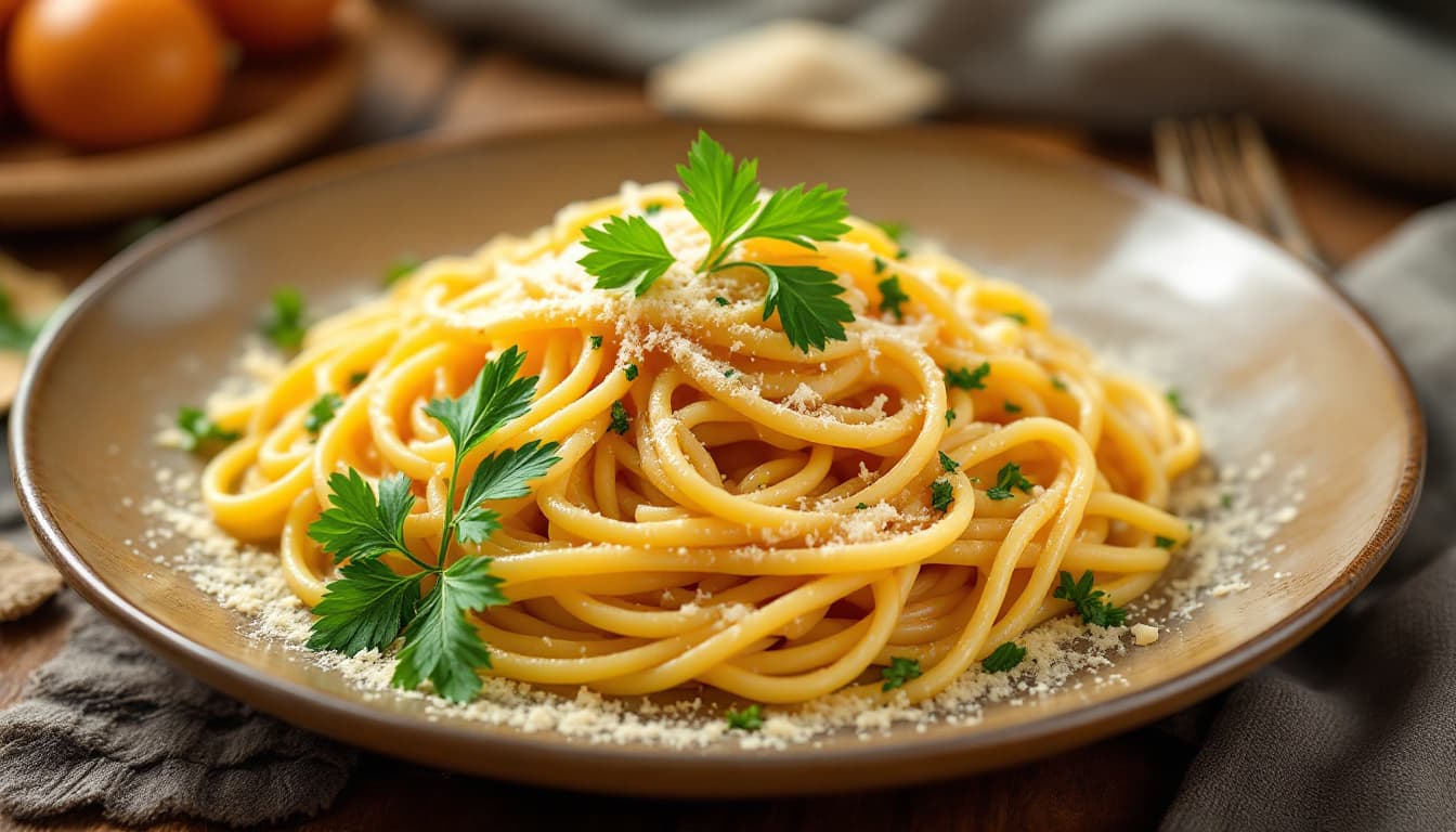 AI generated: A perfectly styled plate of pasta carbonara with fresh parsley and grated Parmesan, warm tones, ultr...