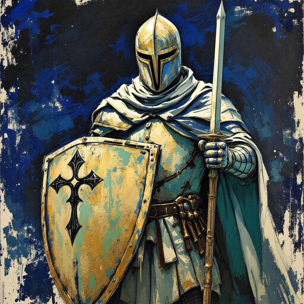 AI generated: a drawing of a knight with shield and cloak, in the style of adventure pulp, dark white and bronze, ...