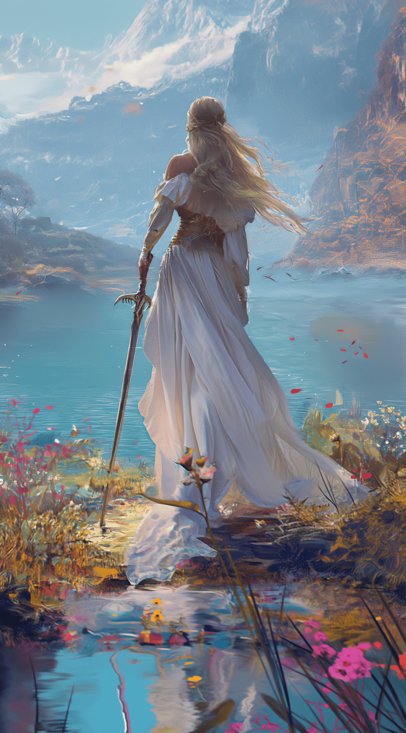 AI generated: A young woman in a white dress holding a longsword and walking by a lake, with a beautiful backgroun...