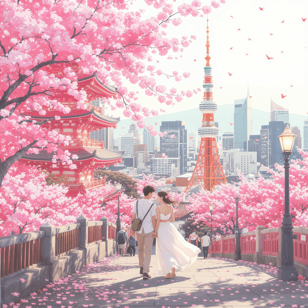 AI generated: Summer trip in the Tokyo , sakura lover , sweetheart couple, t-shirt design,banlance harmony space ,...