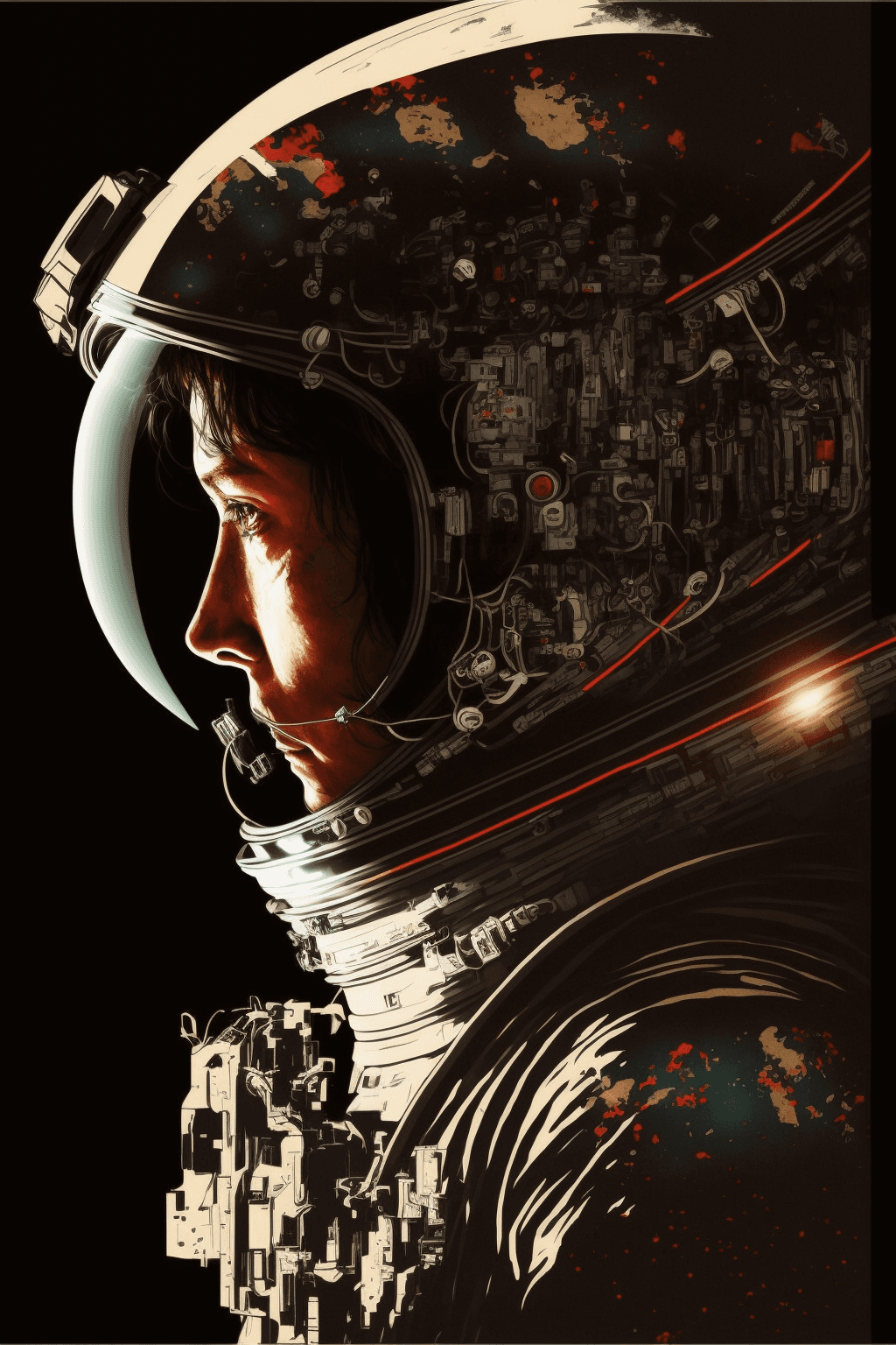 AI generated: movie poster, line art , illustration, manga style, As you float weightlessly in the darkness of spa...