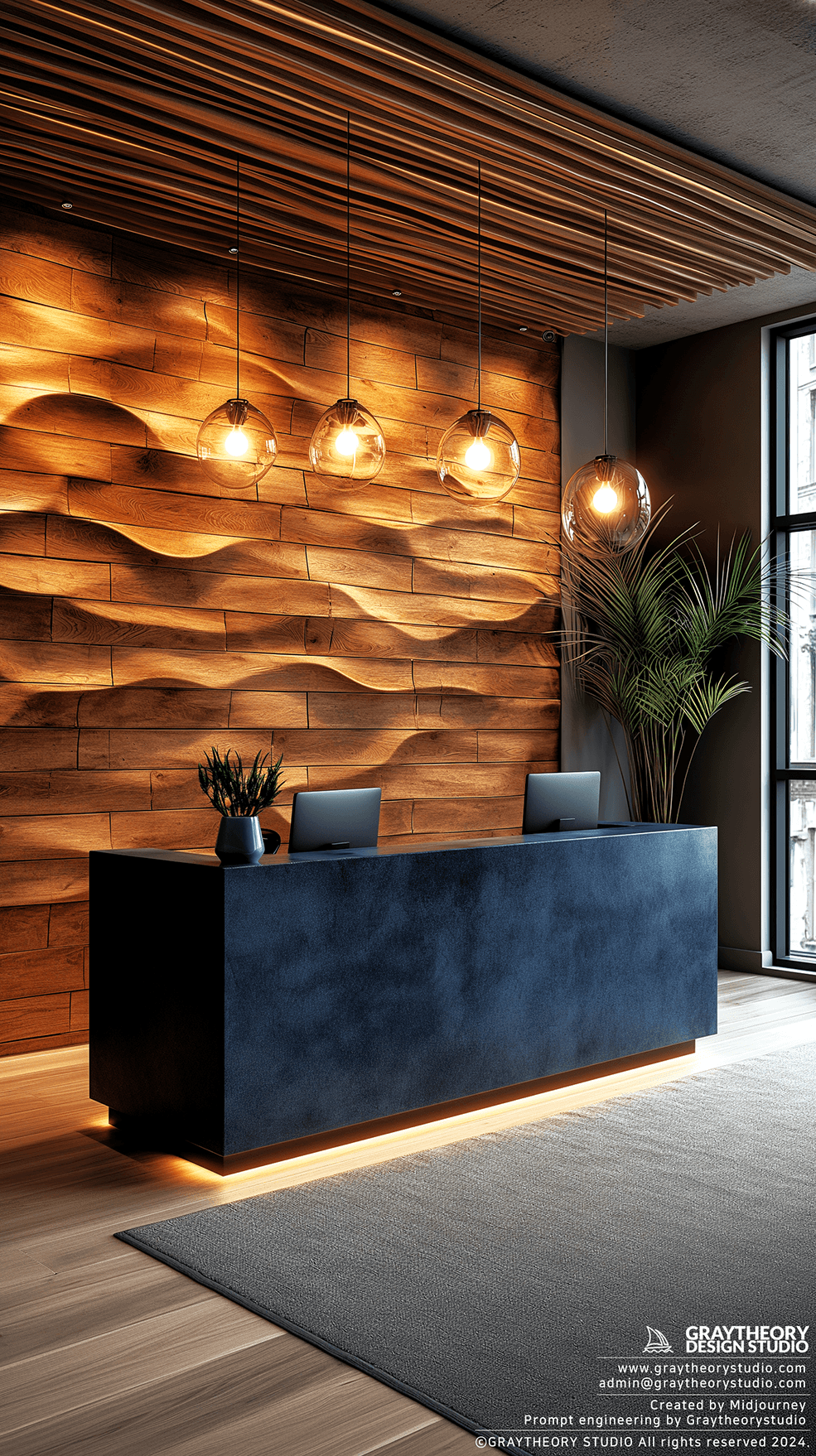 AI generated: casual reception, trendy pendant light, Nikon Z9, backdrop is a wood design wall, natural light, ove...