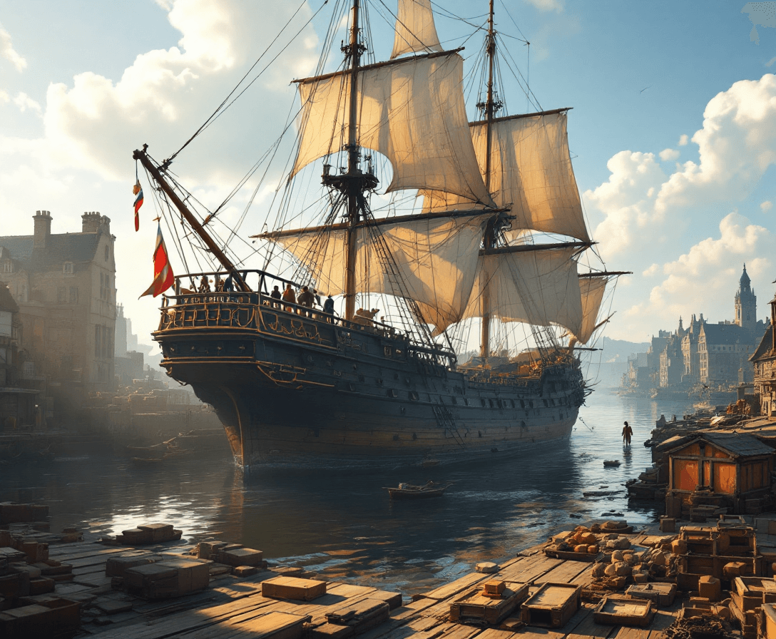 AI generated: Photo of a ultra realistic sailing ship, in the early 1800's, anchored at an old European port, crew...