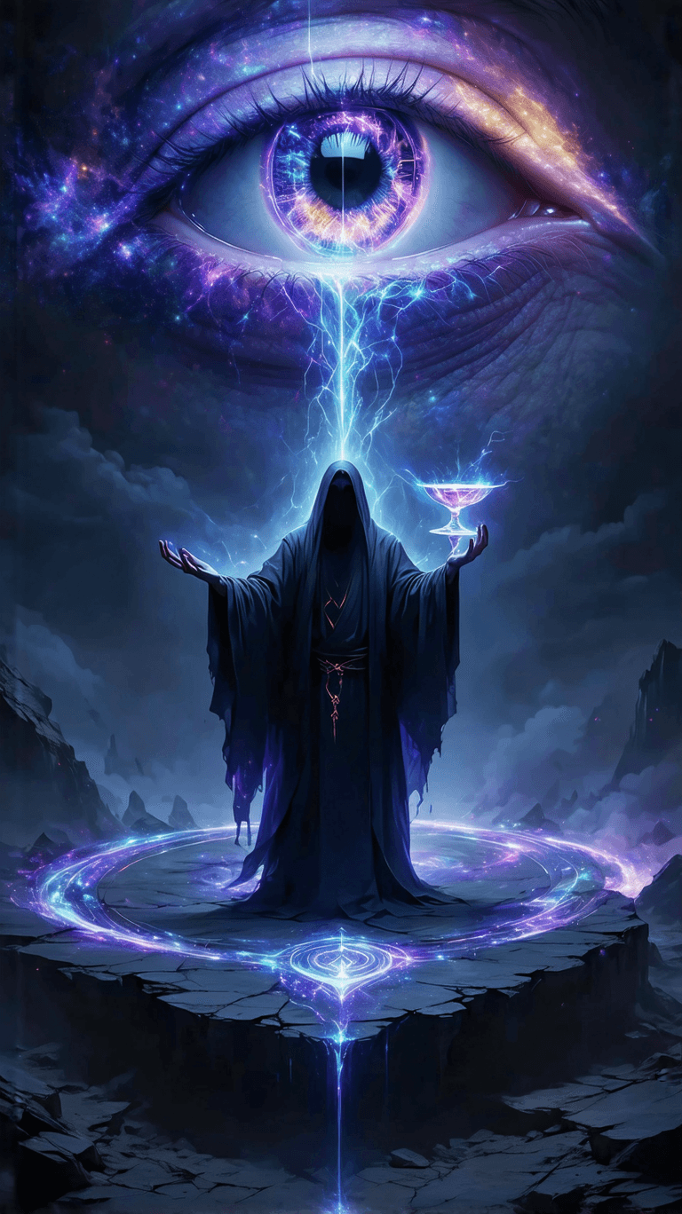AI generated: A mystical figure levitates above a floating obsidian altar, their robes shifting through opalescent...