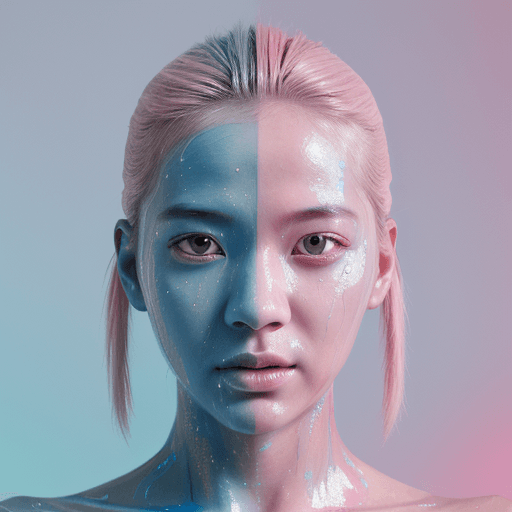 AI generated: three quarter portrait of the blue body with pink face is covered in fluids, in the style of futuris...