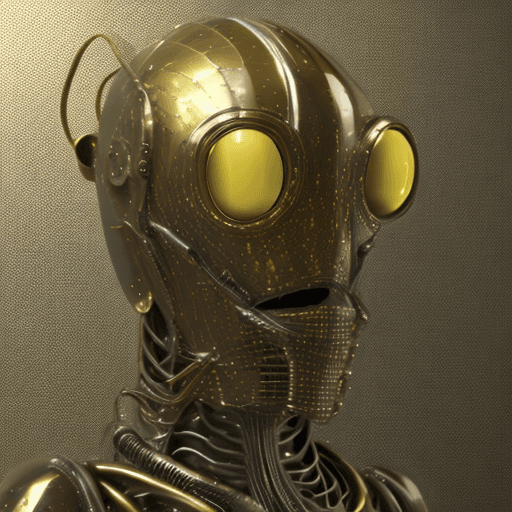 AI generated:  Antique Cooper, brass and carbon fiber crisp detailed armature suit with an clear yellow shade over...