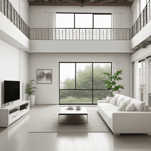 AI generated: front view, living room + loft, white + cream color tone, classic, 4k, --ar 9:16