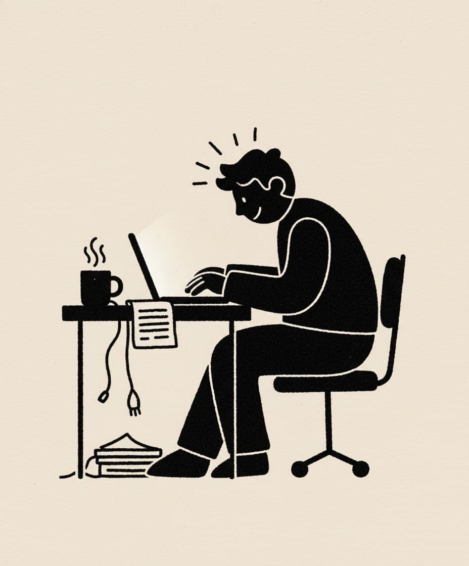 AI generated: image of a single freelancer working hard at his desk. Vector, rough line and flat. must not be crop...