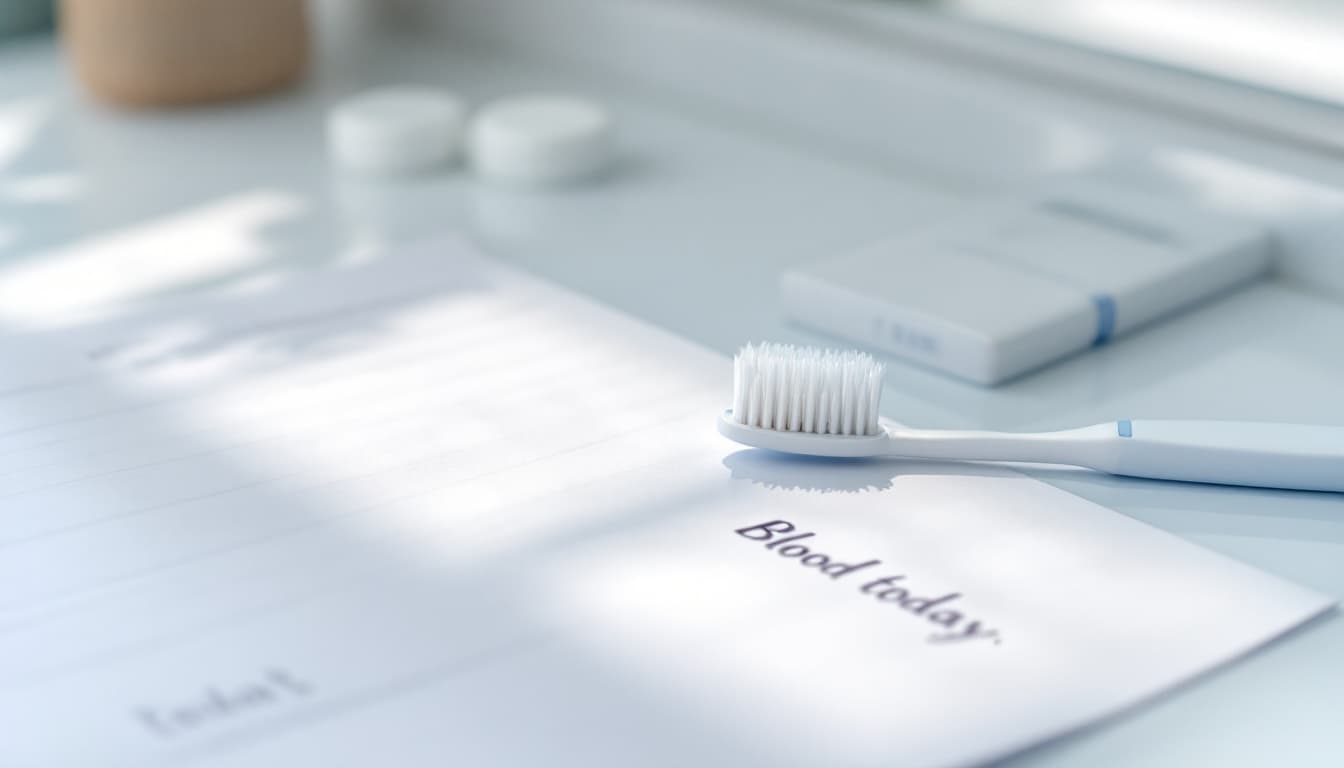AI generated: Close-up of a white bathroom countertop in soft daylight. A toothbrush lies next to a folded lab tes...