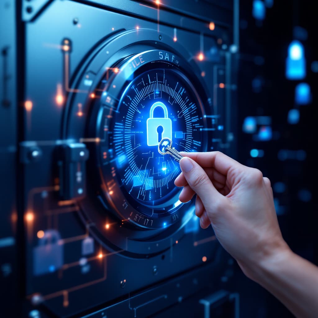 AI generated: Generate a realistic image of a key unlocking a digital vault filled with files.
