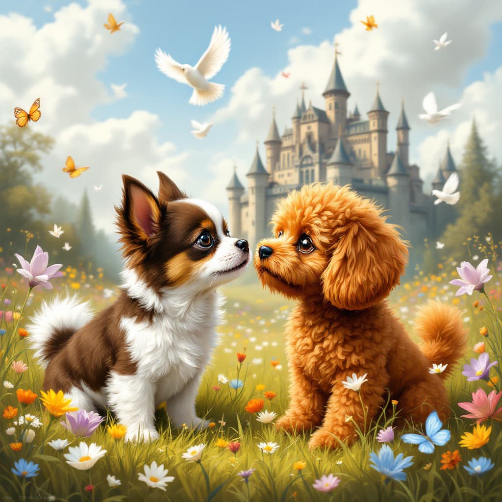 AI generated: A small fluffy chocolate and white Chihuahua and a red brown toy Poodle sniffing each other, in a li...