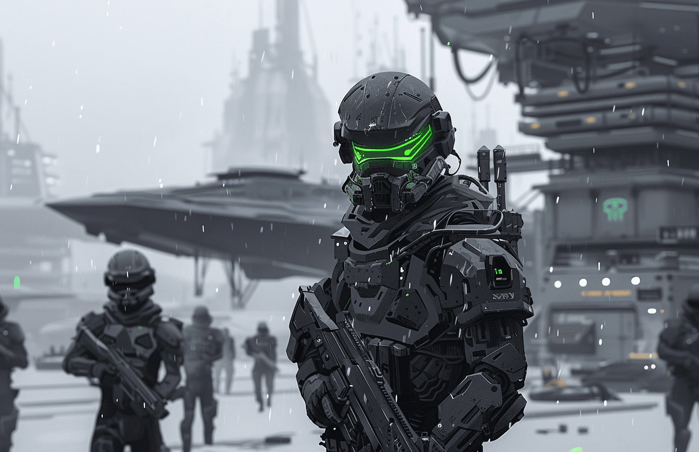 AI generated: Concept art of a sci-fi soldier with a green visor helmet holding a rifle, standing in front of a sp...