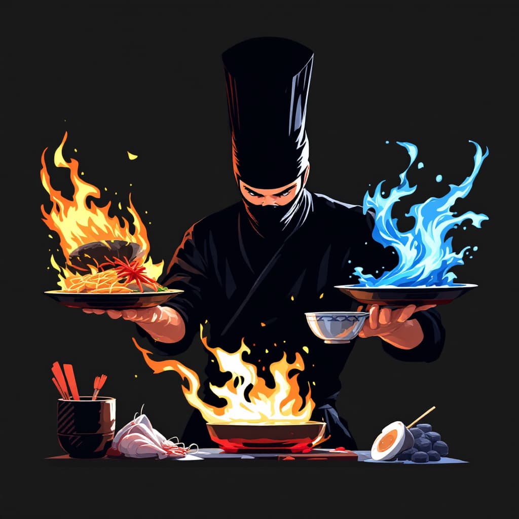 AI generated: A ninja chef cooks prepares a national Japanese dish, Design a set of high-paying symbols for an ani...