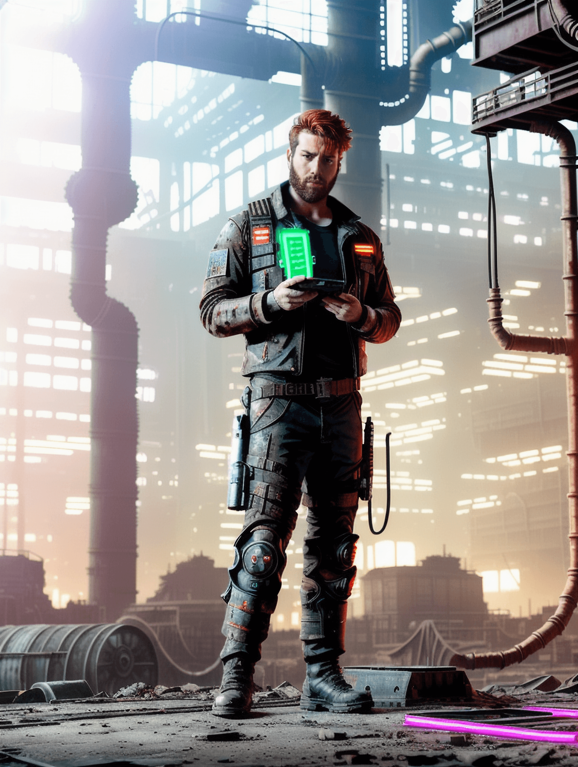 AI generated: ((((industrial post apocalyptic man)))), (red hair and short beard), (((((mantain face))))), ((futur...