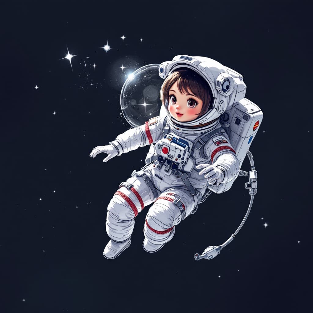 AI generated: drawing of a petits female astronaut in full space suit on a space walk, utra-detailed --ar 1:2 --st...