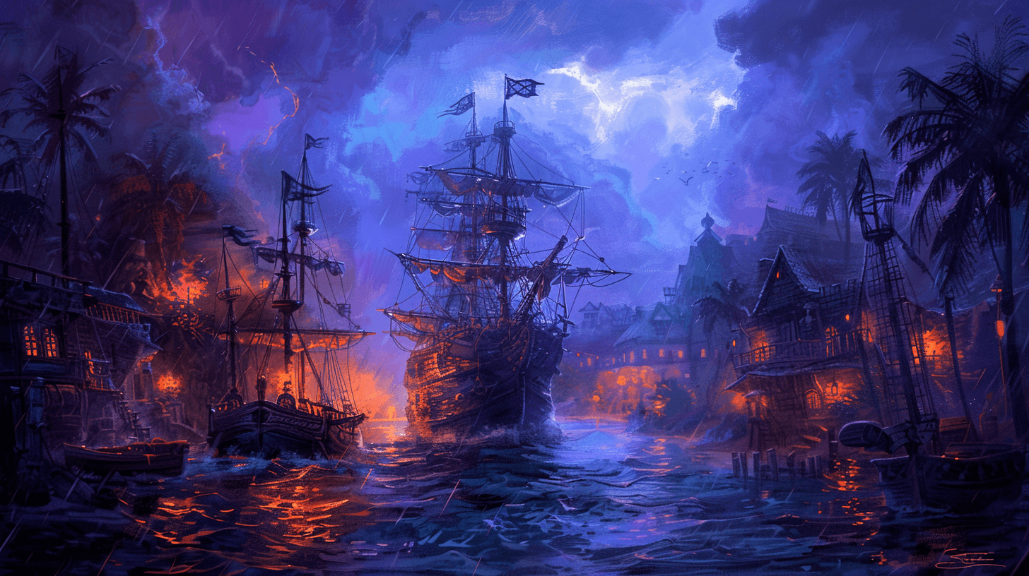 AI generated: pirate ship, dark and stormy, scene, painting, background, vibrant colorscape, hyper detailed illust...