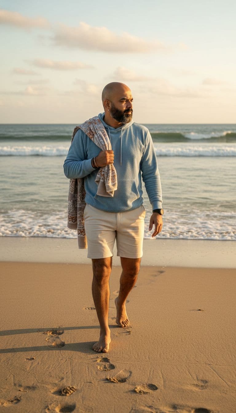 AI generated: Subject: A relaxed late-20s man. Clothing: Light blue terry cloth hoodie, tailored cream-colored sho...