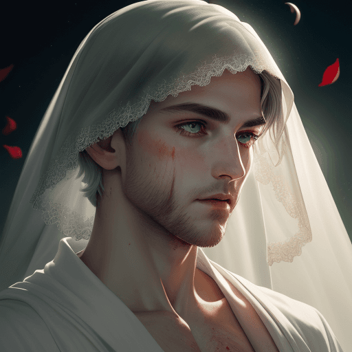 AI generated: Strong male, green eyes, short silver hair, white robe, fov, f/1.8, masterpiece, (veil, mouth veil),...