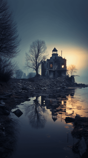 AI generated: Apocalyptic, a desolate backdrop, with a serene famous lake, drenched in a somber melancholy, surrou...