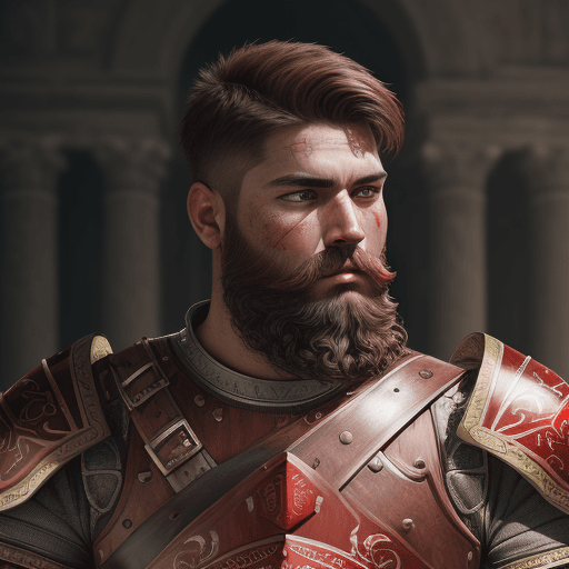 AI generated: semi realism, ultra detailed, roman warrior, wearing red roman armor with calligraphy on it, brown h...