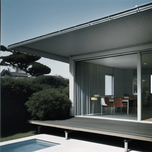 AI generated: Hyper realistic eye level exterior photo of a mid century modern style house overlooking the ocean, ...