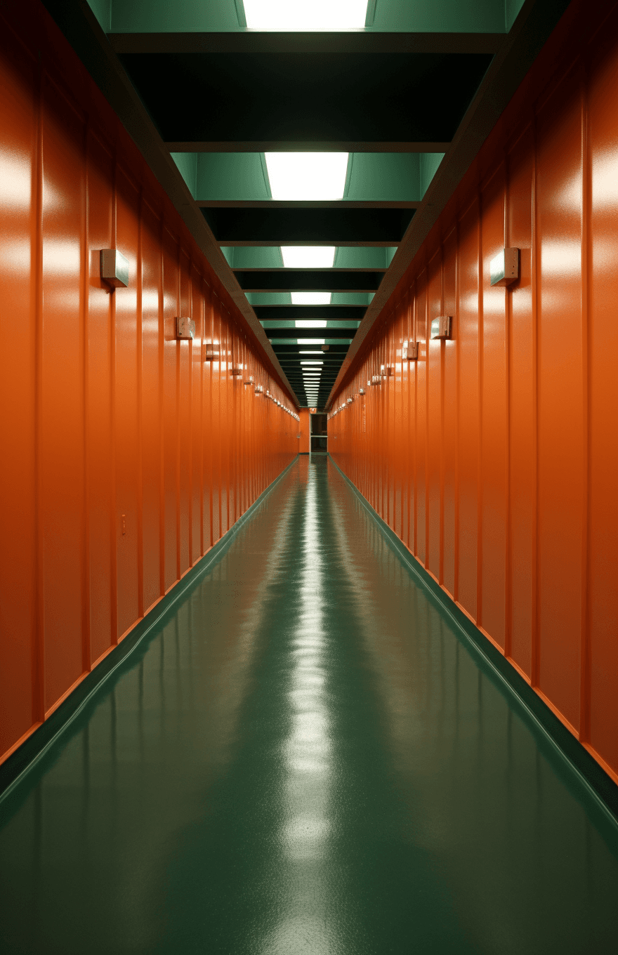 AI generated: an empty corridor, in the style of floating structures, dark green and orange, manapunk, streamlined...
