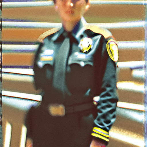 AI generated: A full-body image of a female police officer wearing a police uniform, with short black hair, holdin...