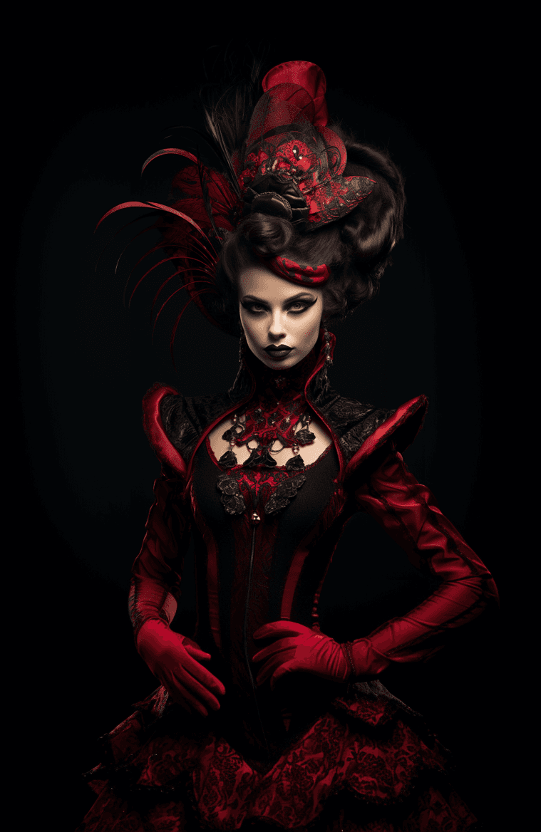 AI generated: a beautiful and evil looking woman in a costume, in the style of devilcore, clownpunk, tanbi kei, da...