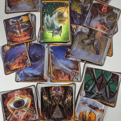 AI generated: A creatively arranged spread of Major Arcana cards from the Rider-Waite Tarot deck displayed in a vi...