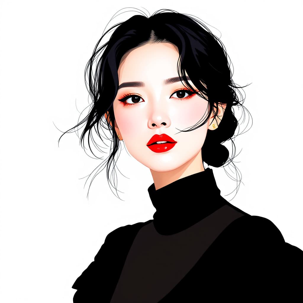AI generated: Chinese ink style portrait of Chinese photographer Zhang Jingna, wearing a black dress and red lipst...