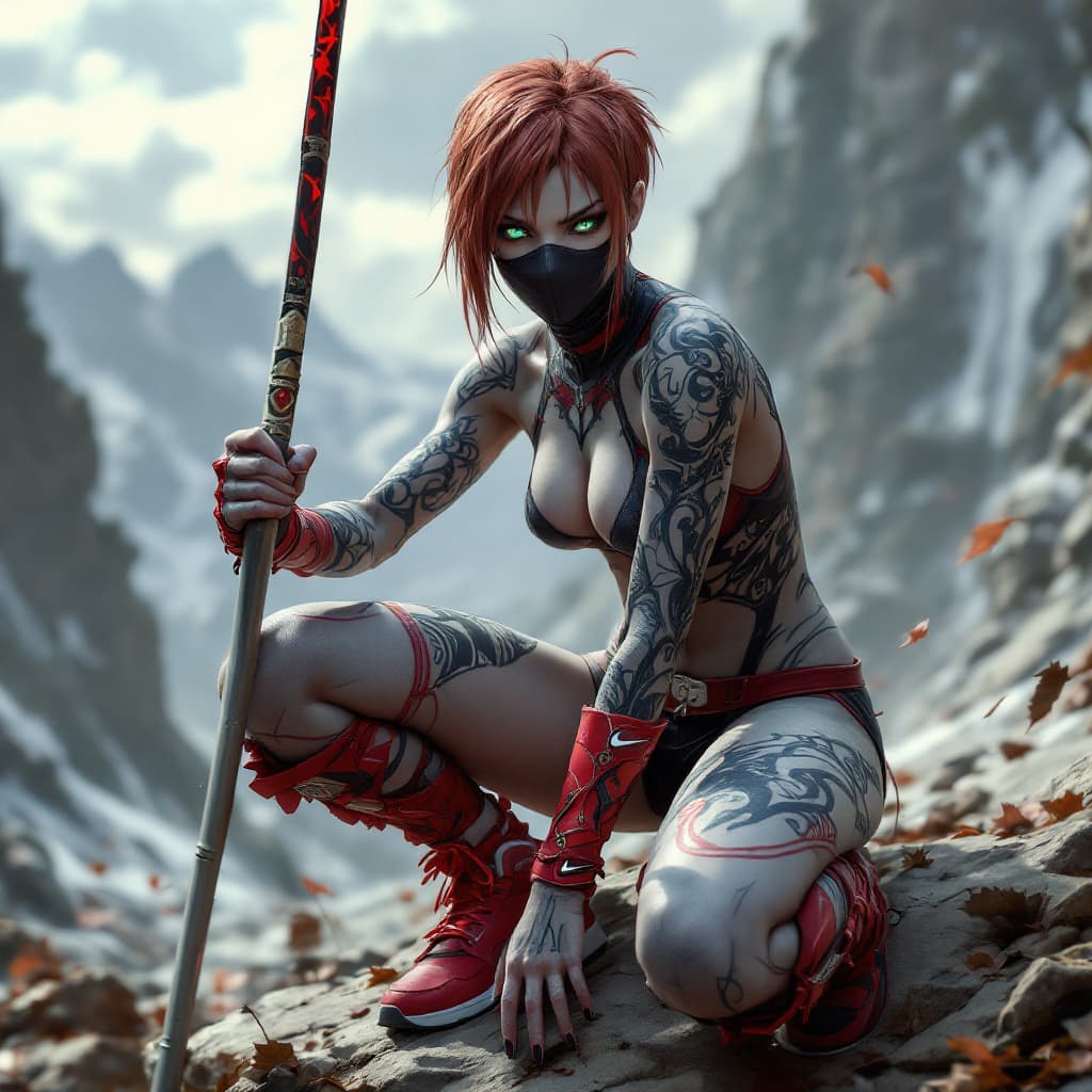 AI generated: 1 Asian Female character, skinny, solo, pale skin, ((carbon fiber body suit)), red sneakers, facemas...