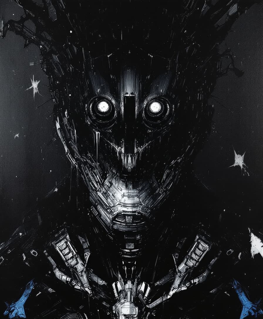 AI generated: artistic, oil painting, front view, upper body, heavy brushed, sci-fi, bizarre mechanical human, gaz...