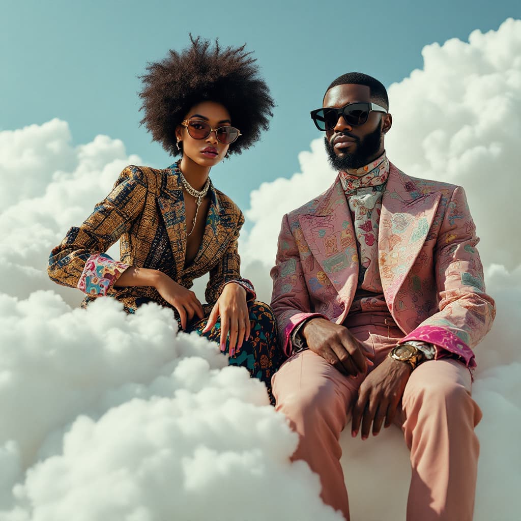 AI generated: A photo of an eccentric black woman and a black eccentric man both  sitting on top of white fluffy c...
